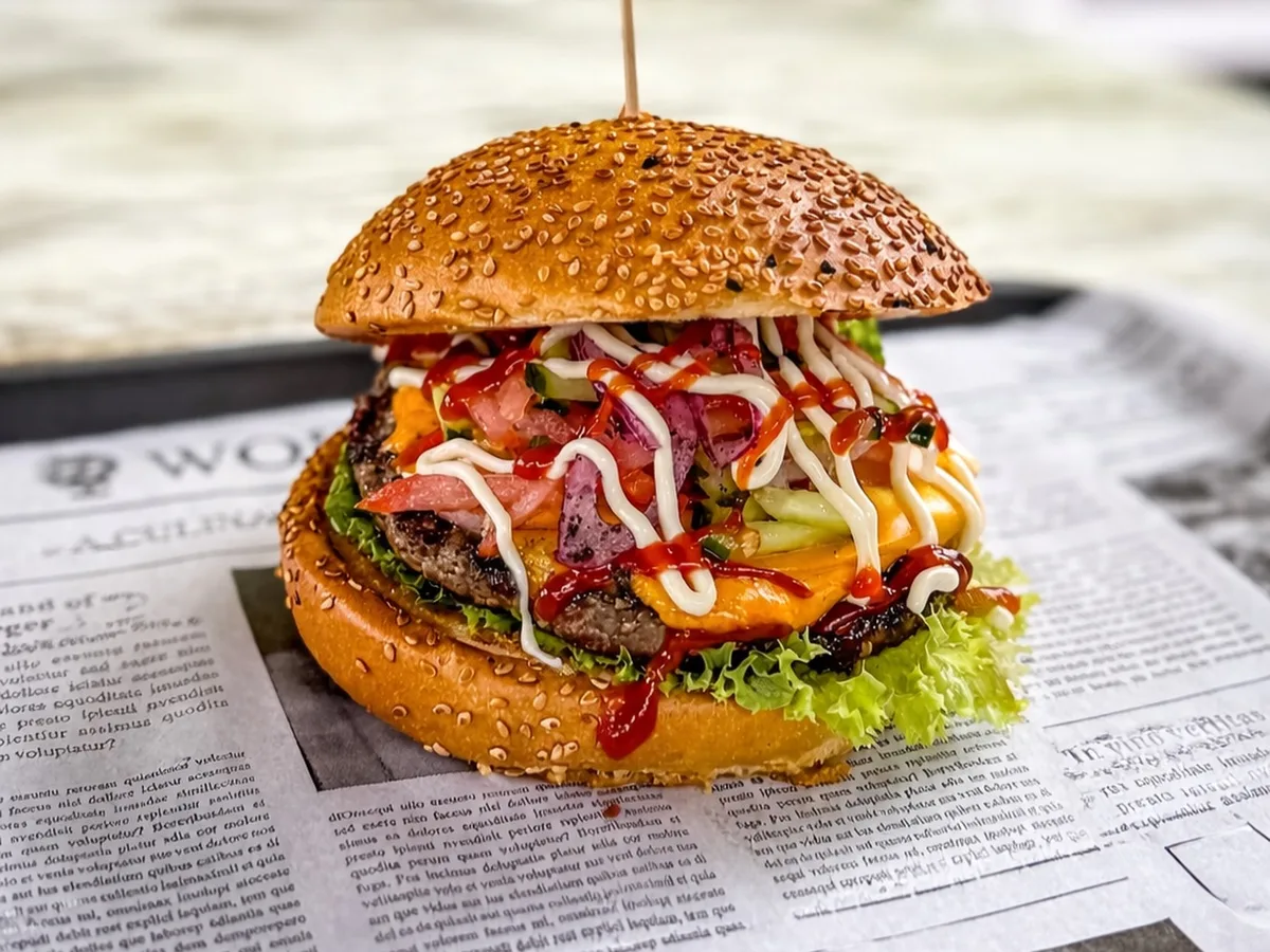 Burger mit Sesambrötchen, Käse, Salat und Saucen auf Zeitungspapier beim DQUADRAT Imbiss
