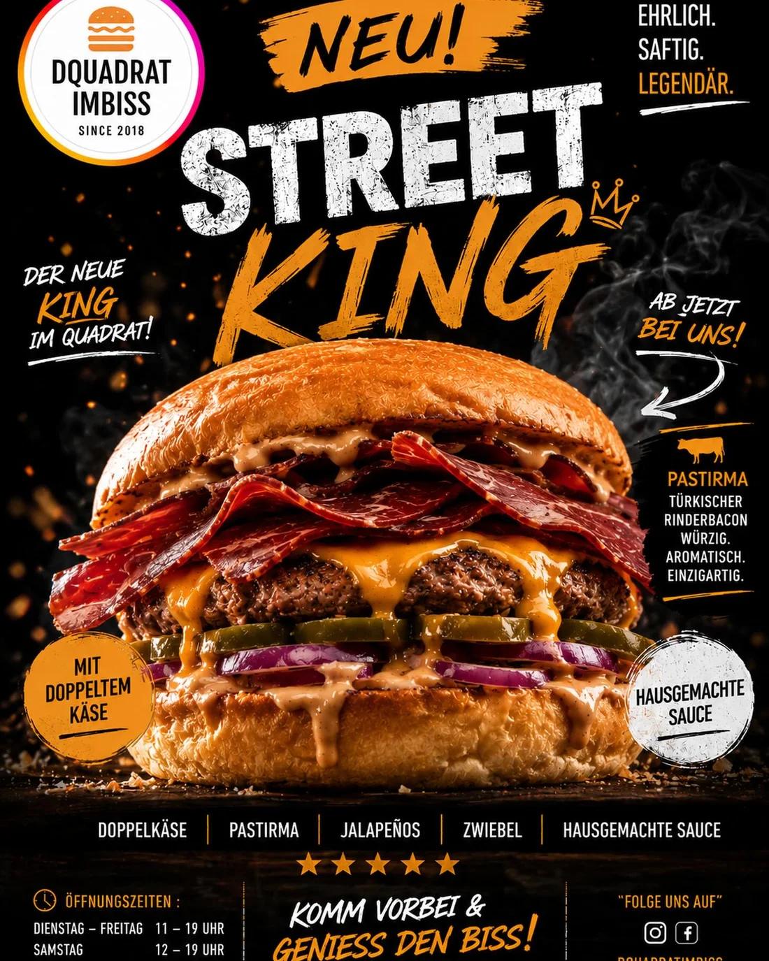 Plakat zum Street King Burger von DQUADRAT Imbiss mit Pastırma, Doppelkäse und Jalapeños